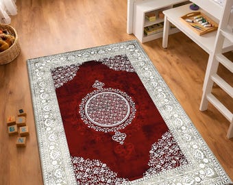 Tappeto persiano rosso, tappeto orientale con medaglione, tappeto turco tradizionale, arredamento classico vintage per soggiorno, tappeto lavabile antiscivolo