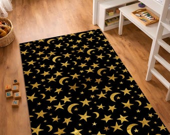 Tappeto per bambini con stelle e luna, tappeto con motivo celeste nero e oro, tappeto per la stanza dei giochi con cielo notturno, tappeto decorativo galassia per la cameretta dei bambini, tappeto a tema cosmico, lavabile