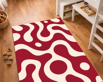 Tappeto astratto rosso, tappeto con motivo ondulato retrò, arredamento moderno di metà secolo, tappeto geometrico audace, lavabile e antiscivolo.