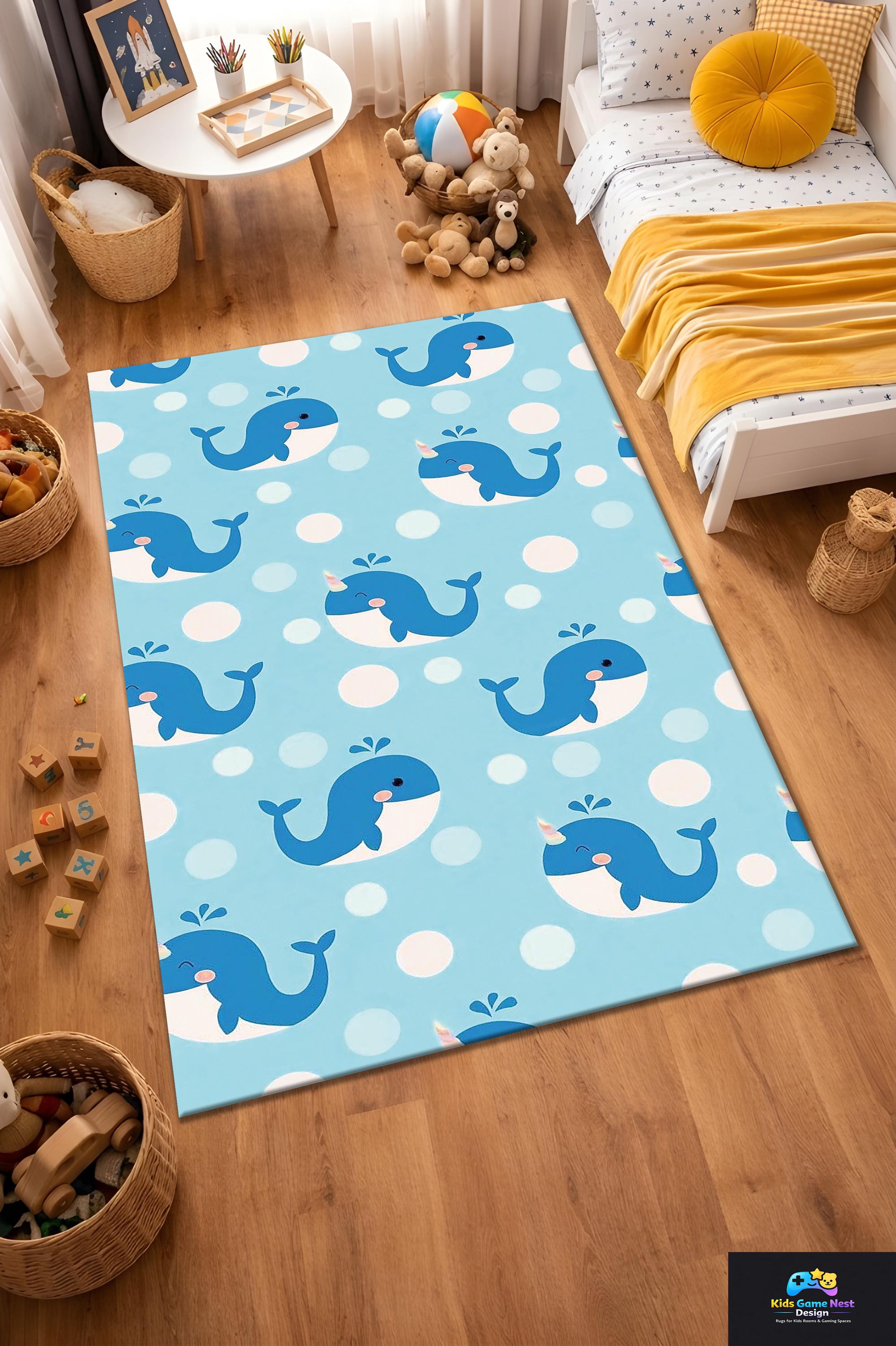 Whale Kids Rug, Cute Blue Whale Pattern Rug, Ocean Animal Playroom ...