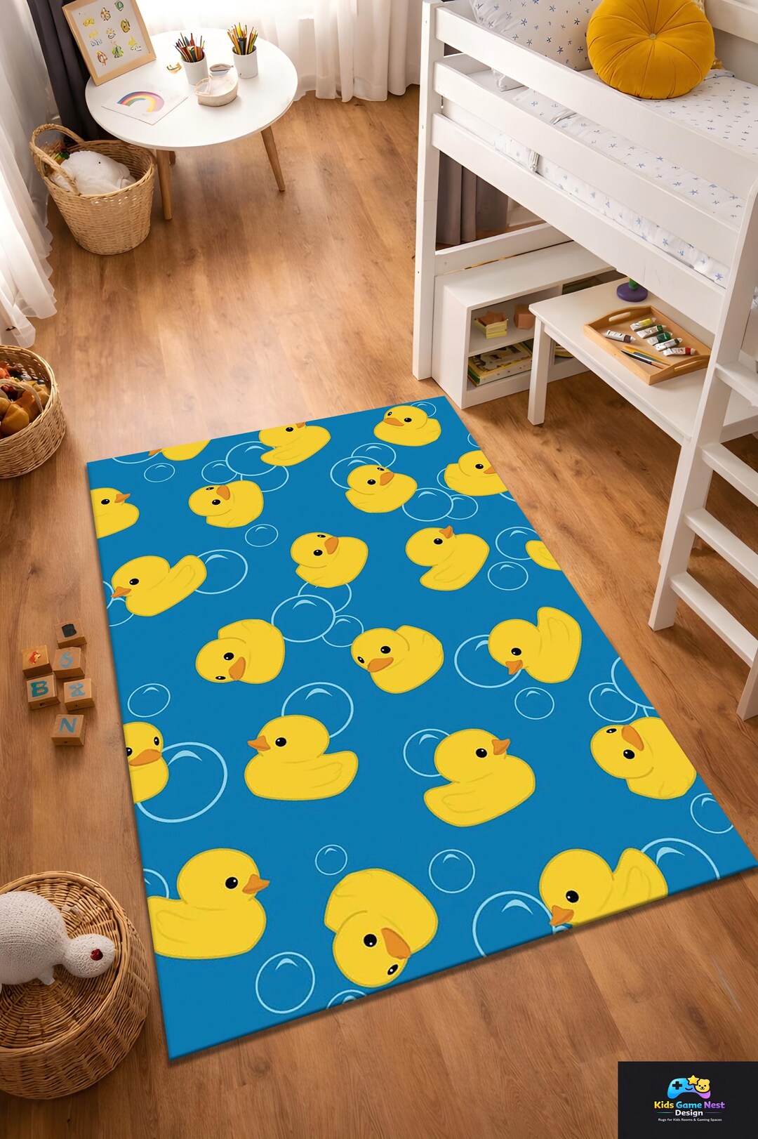 Rubber Duck Kids Rug, Blue Bath Duck Pattern Nursery Rug, Cute Duck ...