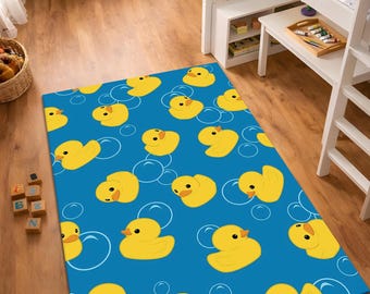 Rubber Duck Kids Rug, Blue Bath Duck Pattern Nursery Rug, Cute Duck Baby Room Carpet, Playroom Floor Mat, Kids Room Decor, washable non slip