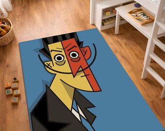 Tappeto con ritratto astratto di Salvador Dalí, tappeto con volto cubista, tappeto moderno con motivi geometrici, tappeto di design contemporaneo, tappeto lavabile antiscivolo