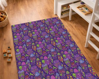 Tappeto con motivo di pesci psichedelici, tappeto decorativo boho colorato a tema oceano, tappeto con vivaci motivi marini, tappeto antiscivolo lavabile.