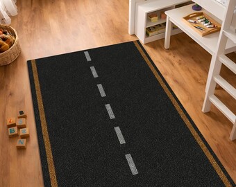 Tappeto per bambini a forma di strada, tappeto da gioco a forma di auto, tappeto con strada asfaltata, tappeto decorativo per la cameretta dei ragazzi, tappeto per la stanza dei giochi con pista di guida, tappeto con strada trafficata per bambini, lavabile
