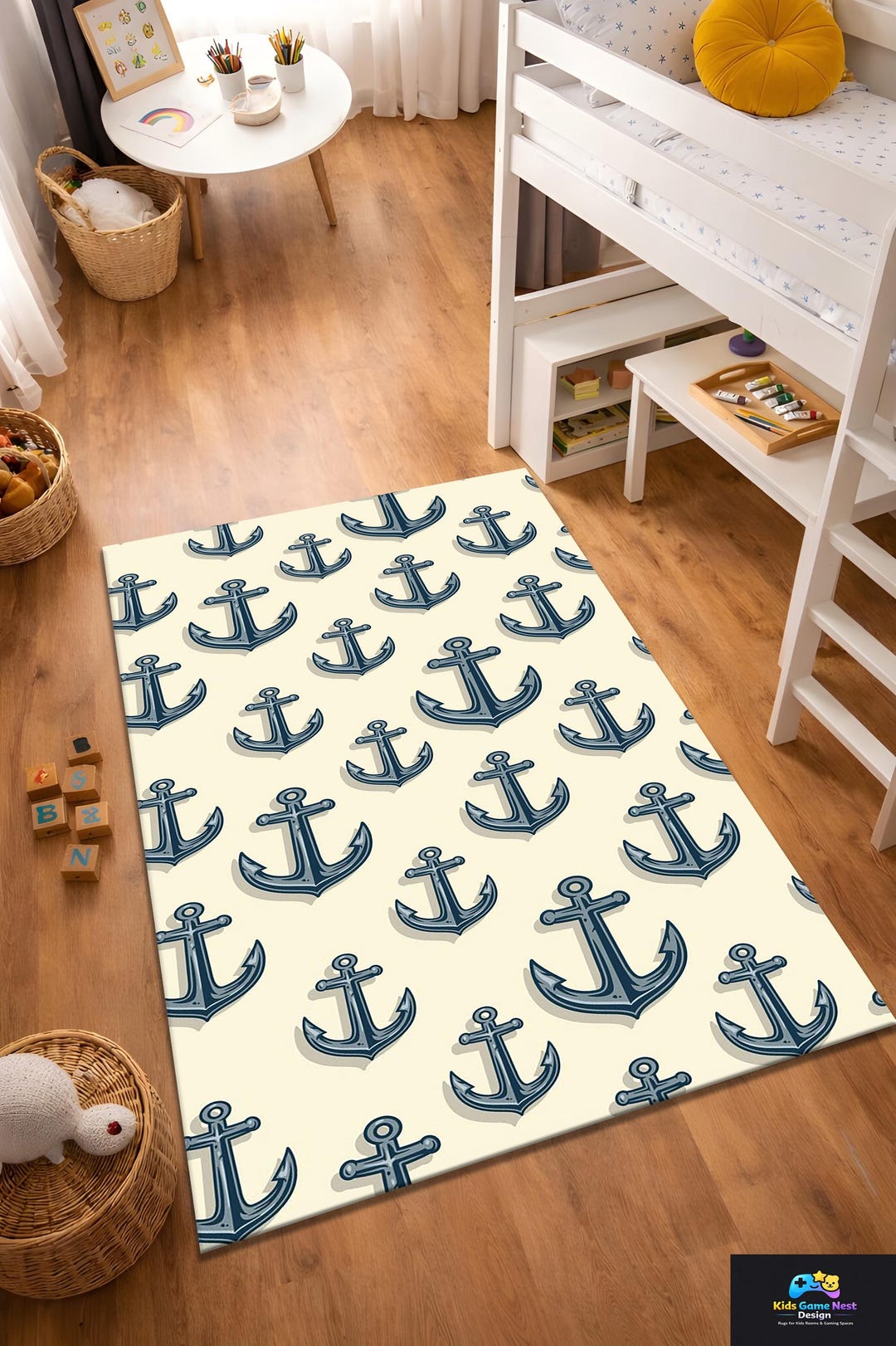Nautical Anchor Rug, Coastal Marine Carpet, Navy Anchor Pattern Rug ...