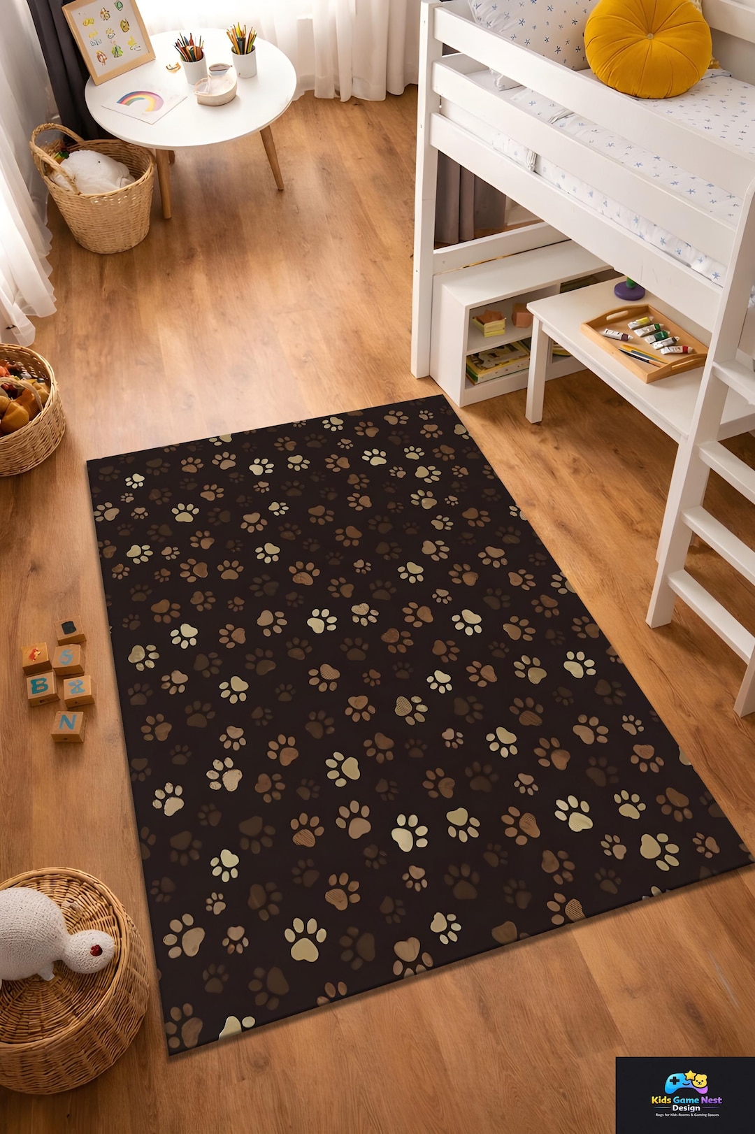 Dog Paw Print Kids Rug, Brown Paw Pattern Nursery Rug, Pet Lover Kids ...