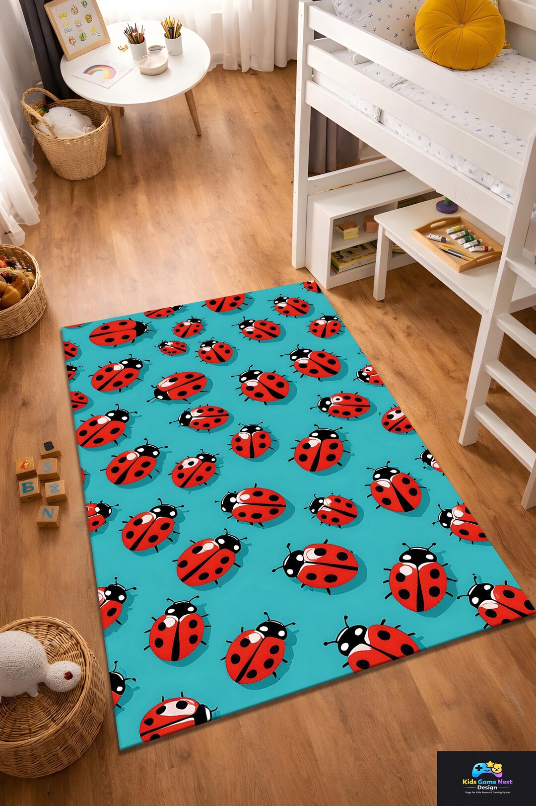 Ladybug Kids Rug, Cute Bug Pattern Carpet, Nursery Room Decor Rug, Baby ...