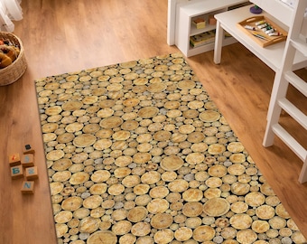 Wood Slice Rug, Tree Trunk Area Rug, Rustic Log Pattern Rug, Nature Inspired Forest Decor, Kids Room Rug, Washable Non Slip Rug