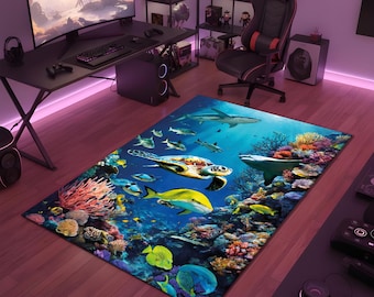 Tappeto per bambini con animali marini, tappeto sottomarino con squalo, tartaruga e pesce, tappeto per cameretta a tema vita marina, tappeto decorativo per la stanza dei bambini, tappeto con barriera corallina, lavabile