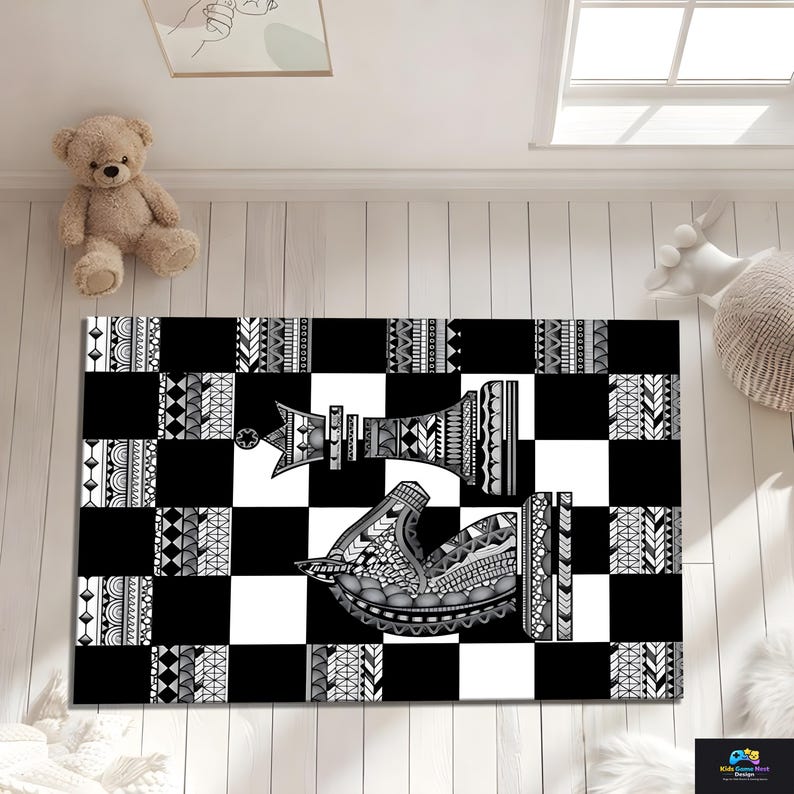 Chess Rug Black White Checkered Carpet Knight King Design Modern Board ...