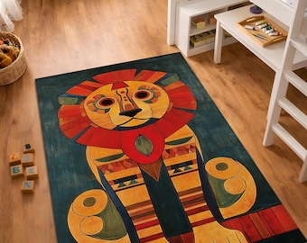 Tappeto con leone egiziano, tappeto dell'antico Egitto, decorazione geometrica con leone, tappeto in stile faraone, arte tribale con animali, tappeto lavabile antiscivolo