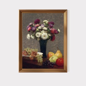 May include: A framed still life painting depicting a bouquet of colourful flowers in a dark vase. Grapes, pears, and a red apple are arranged on a table. The painting has a gold frame.