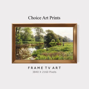 Op de afbeelding: Een rechthoekige landschapskunstprint in een metallic bronzen lijst met een rivierscène met weelderige groene bomen, hoog gras, een grazende bruine koe en een persoon in een veld. De tekst luidt Choice Art Prints en FRAME TV ART 3840 X 2160 Pixels.