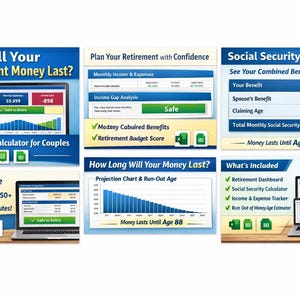 Può includere: Grafici digitali che mostrano strumenti di pianificazione finanziaria, tra cui un calcolatore di pensione, tracker di entrate e spese e prestazioni di sicurezza sociale. Il testo include "Will Your Retirement Money Last?" e "Retirement Calculator for Couples". Sono mostrati anche un laptop e un tablet.