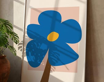 Blue Flower Printable Wall Art, Modern Botanical Poster (Digital Download)