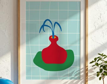 Bold Red Vase Printable Art, Blue Leaves Botanical Still Life (Digital Download)