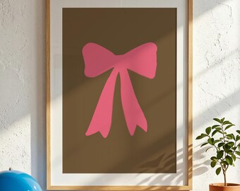 Pink Ribbon Bow Print, Minimalist Brown Background Wall Art (Digital Download)