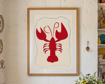 Red Lobster Printable Art, Coastal Kitchen Decor, Nautical Animal Print (Digital Download)