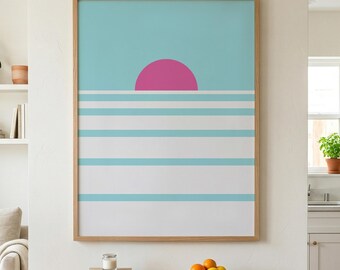 Pink Sun Stripe Printable Wall Art, Aqua Minimalist Geometric Poster, Modern Coastal Digital Print