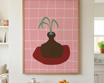 Pink Grid Vase Printable Wall Art, Minimalist Plant Illustration for Colorful Modern Home Decor