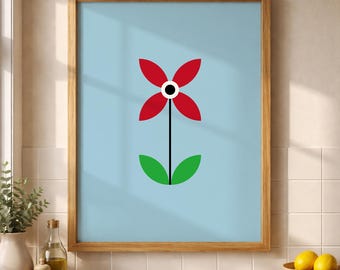 Red Flower Printable Wall Art, Minimalist Botanical Nursery Decor (Digital Download)