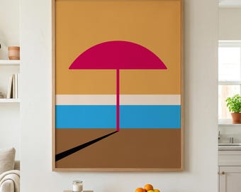 Minimalist Beach Umbrella Print, Colorful Coastal Summer Art (Digital Download)
