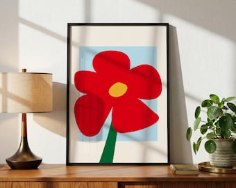 Bold Red Flower Printable Wall Art, Modern Botanical Digital Print (Digital Download)