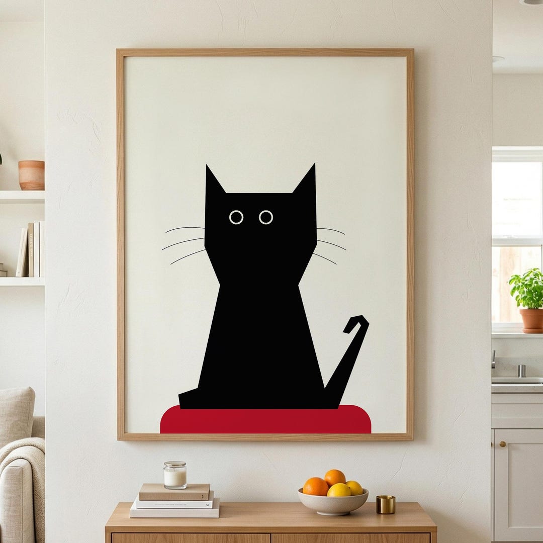 Black Cat Geometric Print, Modern Minimalist Animal Poster (digital ...