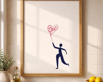 Minimalist Line Art Figure Red Heart Balloon Print (Digital Download)