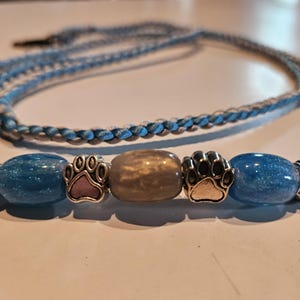 Puede incluir: Un collar de cordón trenzado con una serie de cuentas que incluye dos cuentas ovaladas de color azul brillante, una cuenta central gris metálico, dos dijes plateados de huellas de pata y dos tapas decorativas plateadas con pequeños detalles azules.