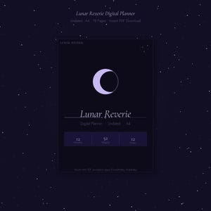 以下が含まれることがあります： 三日月デザインの「Lunar Reverie」というデジタルプランナー。背景は星が描かれた暗い色です。プランナーは日付なし、A4サイズで78ページです。12の月間セクション、52の週間セクション、12のノートセクションが含まれています。