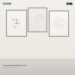 Peut inclure: Un ensemble de trois affiches murales encadrées présentant des motifs géométriques. La première affiche montre des cercles dispersés de différentes couleurs, la deuxième une ligne courbe pointillée et la troisième un motif carré de lignes.
