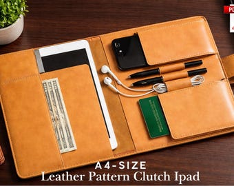 Patrón PDF para bolso de mano de cuero para iPad, plantilla para bolso de mano tipo sobre, portafolio de cuero DIY, patrón para funda organizadora de iPad Pro, patrón para bolso hecho a mano