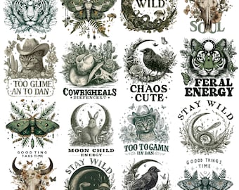 Paquete de imágenes PNG de mantis religiosas "Girls Will Be Girls", paquete de imágenes prediseñadas "Stay Wild Cottagecore" / estética "Dark Academia" y occidental