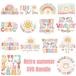 May include: A set of retro summer-themed SVG designs. The designs include phrases such as "Hello Sunshine," "Fun in the Sun," and "Summer Vibes," alongside illustrations of sunglasses, flowers, and rainbows. The colour palette features pastel shades of orange, pink, blue, and yellow.