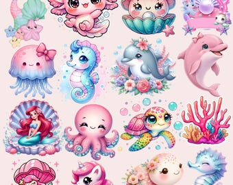 Imágenes prediseñadas del fondo del mar, animales marinos en acuarela PNG, lindas criaturas marinas, crías de animales marinos, arte de arrecifes de coral, decoración infantil, uso comercial.