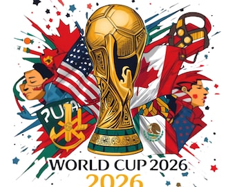 Paquete de imágenes PNG del Mundial 2026, imágenes prediseñadas de trofeos de fútbol, logotipos de fútbol en PNG, diseño de banderas internacionales, archivos para sublimación.
