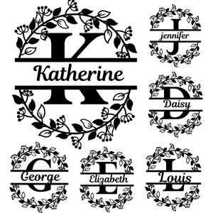 Puede incluir: Letreros de nombres de madera negra cortados con láser con diseños de coronas florales. Los letreros presentan nombres como Katherine, Jennifer, Daisy, George, Elizabeth y Louis, cada uno con una gran letra inicial.