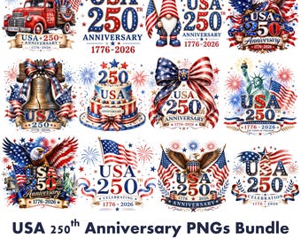 Paquete de imágenes prediseñadas patrióticas en formato PNG para el 250 aniversario de Estados Unidos (descarga digital)