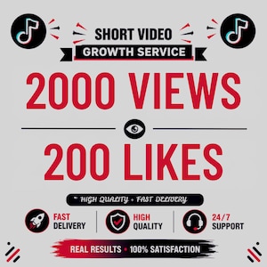 May include: A digital graphic advertisement for a short video growth service featuring the text 2000 VIEWS and 200 LIKES in red. The design includes black TikTok icons, a rocket, a shield, and a headset symbol on a light gray background.