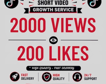 Servizio di crescita video su TikTok / 2000 visualizzazioni, 200 Mi piace / Promozione sui social media