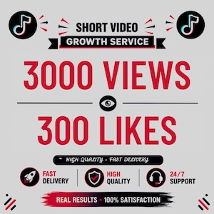 Pode incluir: Um anúncio gráfico digital para um serviço de crescimento de vídeos curtos com o texto 3000 VIEWS e 300 LIKES em vermelho. O design inclui ícones pretos do TikTok, um foguete, um escudo e um símbolo de fone de ouvido em fundo cinza claro.