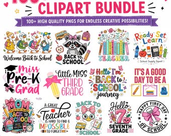 100+ Back To School Png Bundle, Preschool png sets, School First Day, Preppy School sublimation, Pre-K 1st to 4th Grade, Strip school png