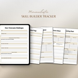 Peut inclure: Un outil num&eacute;rique de suivi de d&eacute;veloppement des comp&eacute;tences avec un cadre noir, comprenant des sections pour les d&eacute;fis, les id&eacute;es, la planification et le suivi des progr&egrave;s. Le texte "Minimalistic Skill Builder Tracker" est en haut.