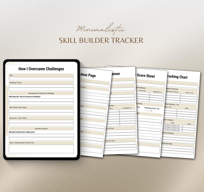 Peut inclure: Un outil num&eacute;rique de suivi de d&eacute;veloppement des comp&eacute;tences avec un cadre noir, comprenant des sections pour les d&eacute;fis, les id&eacute;es, la planification et le suivi des progr&egrave;s. Le texte "Minimalistic Skill Builder Tracker" est en haut.