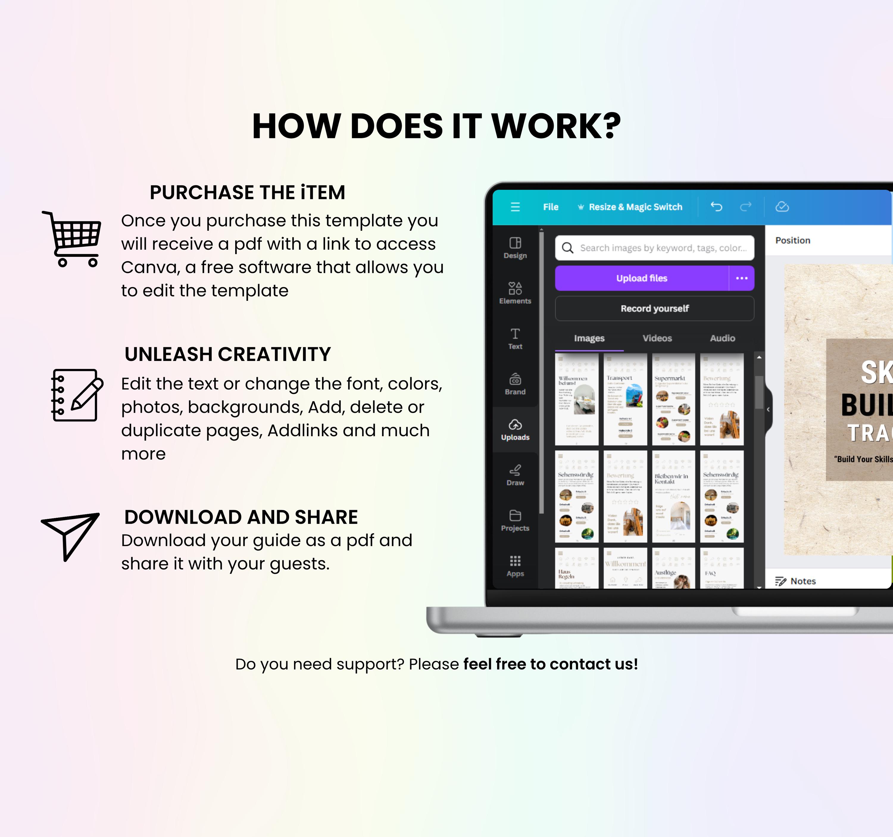 Peut inclure: Un ordinateur portable affichant une interface de mod&egrave;le Canva, avec le texte "HOW DOES IT WORK?" et des instructions sur l'achat, la modification et le partage du mod&egrave;le. L'&eacute;cran affiche des options pour t&eacute;l&eacute;charger des fichiers et modifier des &eacute;l&eacute;ments.