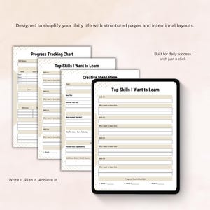 Peut inclure: Un planificateur num&eacute;rique avec des pages structur&eacute;es et des mises en page intentionnelles. Le planificateur comprend un tableau de suivi des progr&egrave;s, une page d'id&eacute;es cr&eacute;atives et une section "Top Skills I Want to Learn". Le texte sur le planificateur est "Write it. Plan it. Achieve it."