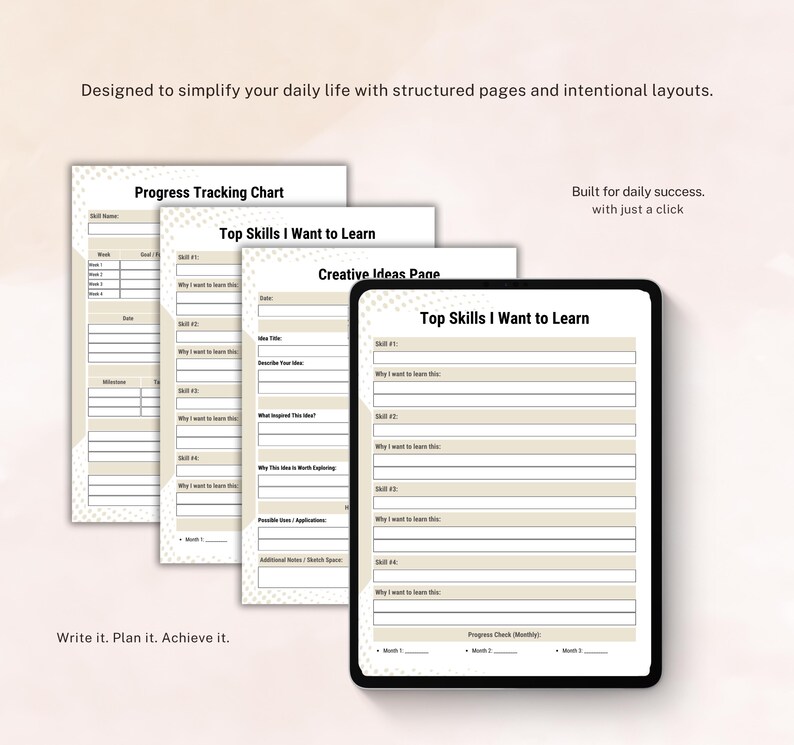 Peut inclure: Un planificateur num&eacute;rique avec des pages structur&eacute;es et des mises en page intentionnelles. Le planificateur comprend un tableau de suivi des progr&egrave;s, une page d'id&eacute;es cr&eacute;atives et une section "Top Skills I Want to Learn". Le texte sur le planificateur est "Write it. Plan it. Achieve it."