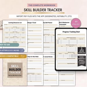 Peut inclure: Un cahier de travail "Skill Builder Tracker" avec des pages pour la planification des comp&eacute;tences et le suivi des progr&egrave;s. Comprend une "Liste des ressources d'apprentissage" et un "Tableau de suivi des progr&egrave;s". Format US Letter, environ 21,6 x 27,9 cm, compatible avec les appareils.